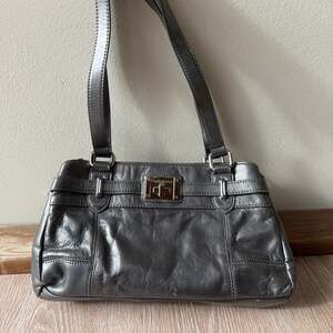Silver Metallic Leather Shoulder Bag with Turnlock Detail